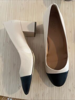 J. Crew Cream Leather Block Heel Pumps with Black Cap Toe